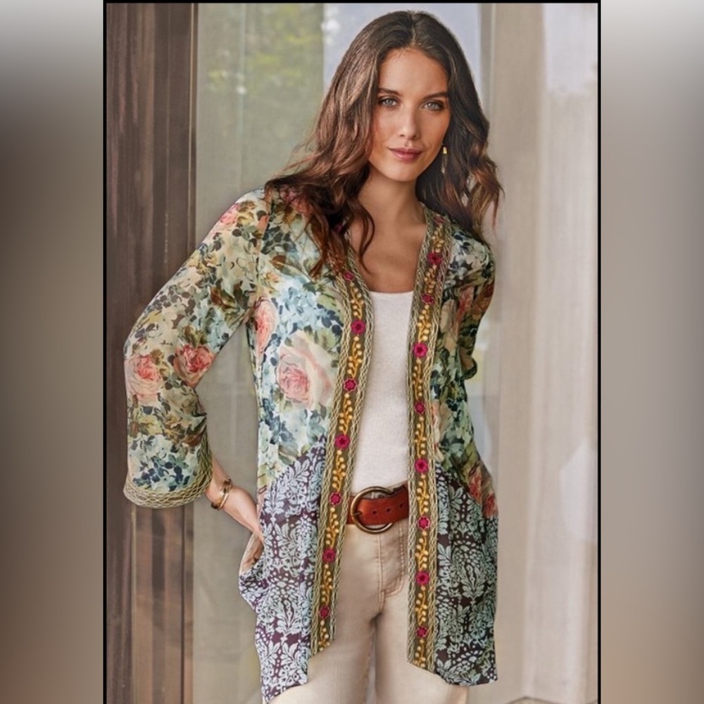 Soft Surroundings Floral Embroidered Kimono S